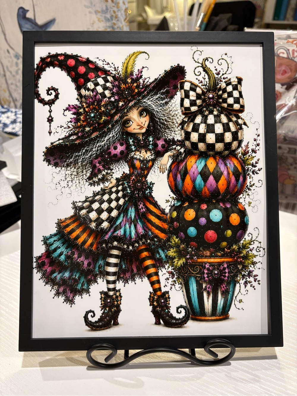 Whimsical Iconic Checkered Harlequin Witch Framed 8x10 Wall Art Print